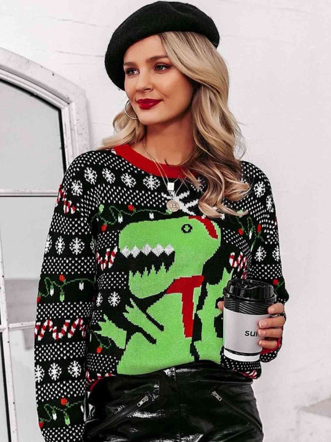 Suéter navideño de dinosaurio